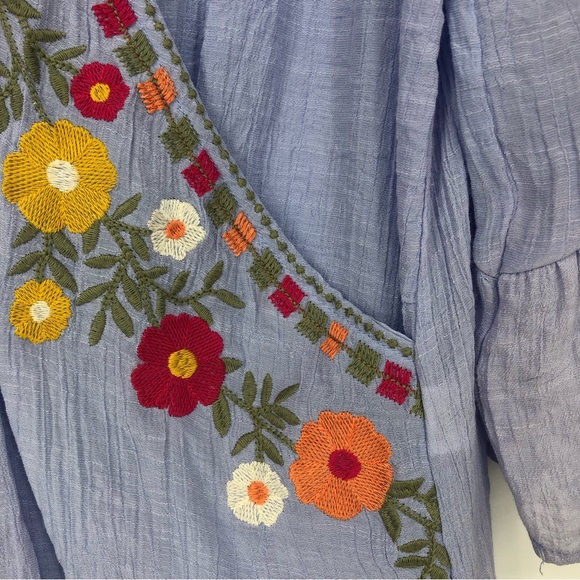 Entro Blue Floral Embroidered Cross Front Ruffle Sleeve Lightweight Blouse - Picture 4 of 6